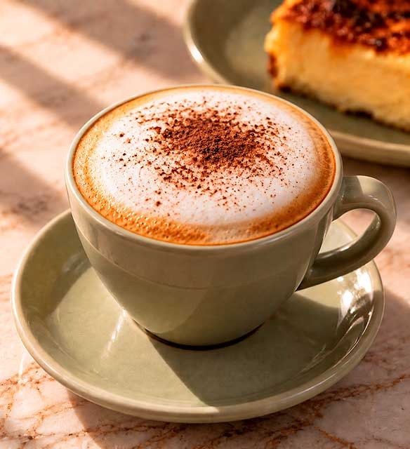 Cappuccino con espuma cremosa vaporizada y cacao espolvoreado
