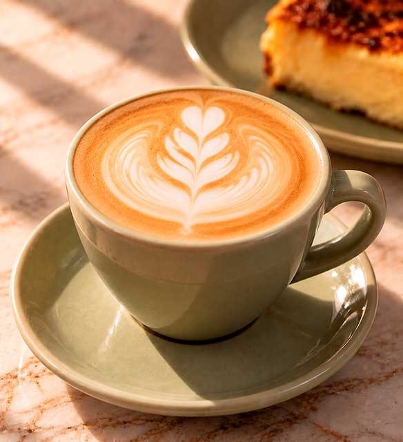 Café latte artesanal en taza de cerámica con arte latte