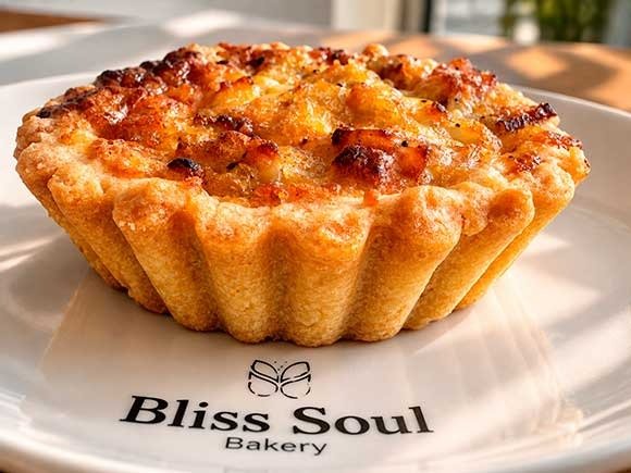 Quiche Lorraine artesanal recién horneada servida en plato oficial de Bliss Soul Bakery