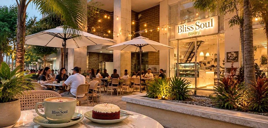Terraza iluminada de Bliss Soul Bakery con café de especialidad y repostería artesanal